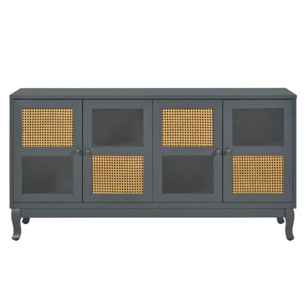 Retro Industrial Gray 4 Door Sideboard With Large Storage, Rattan And Glass Doors - Antique Dark Gray / Rattan
