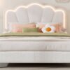 Full Size Upholstered Flower-Shape Bed, Elegant Flowers Headboard With LED Light Strip, Sherpa Fabric Platform Bed With Slats Support - White - Image 16