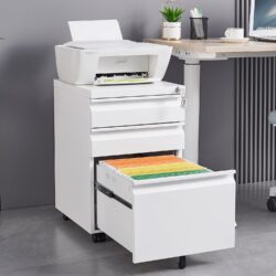 Modern 3 Drawer Mobile Filing Cabinet With Lock, Metal Office Storage, Legal / Letter Size - White