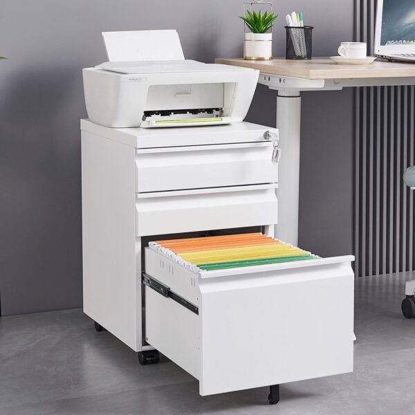 Modern 3 Drawer Mobile Filing Cabinet With Lock, Metal Office Storage, Legal / Letter Size - White