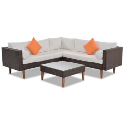 4 Pieces Outdoor Wicker Sofa Set, Patio Furniture With Colorful Pillows, L - Shape Sofa Set - Beige / Brown
