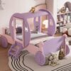 Twin Size Princess Carriage Bed With Crown, Platform Car Bed With Stair - Purple / Pink - Image 3