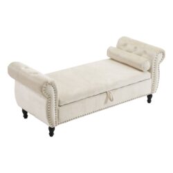 Velvet Multifunctional Storage Rectangular Ottoman Bench With 1 Pillow - Beige