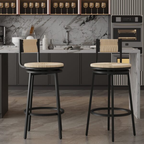 Bar Stools Swivel Counter Chairs With Metal Frame (Set of 2) Hand Woven Paper Rope Dining Barstools For Kitchen Counter - Creamy White