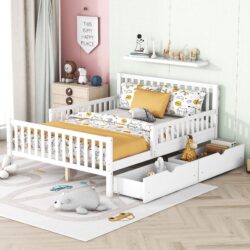 Full Size Platform Bed With Guardrails On Both Sides And 2 Storage Drawers - White