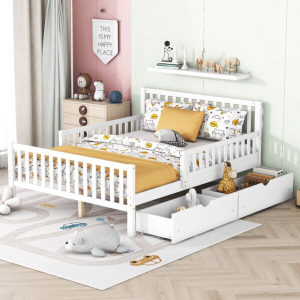 Full Size Platform Bed With Guardrails On Both Sides And 2 Storage Drawers - White