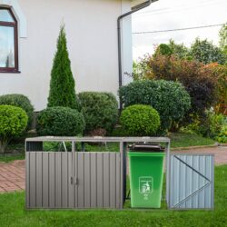 Garbage Bin Shed Stores 3 Trash Cans Metal Outdoor Bin Shed For Garbage Storage, Stainless Galvanized Steel, Bin Shed For Garden Yard Lawn - Gray