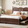 Queen Size Platform Bed With With 2 Big Drawers, Twin Long Size Trundle - Walnut - Image 17