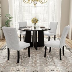 5 Piece Round Dining Table Set, Modern Dining Table And 4 Upholstered Chairs For Dining Room, Kitchen Room, Living Room - Beige / Black