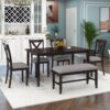 6 Piece Kitchen Dining Table Set Wooden Rectangular Dining Table, 4 Chairs And Bench Family Furniture - Espresso - Image 4