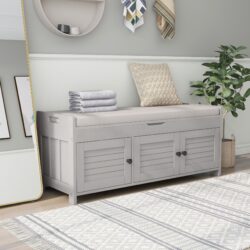 Storage Bench With 3 Shutter-Shaped Doors, Shoe Bench With Removable Cushion And Hidden Storage Space - Gray Wash