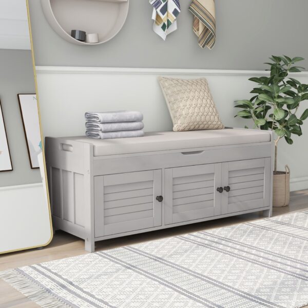 Storage Bench With 3 Shutter-Shaped Doors, Shoe Bench With Removable Cushion And Hidden Storage Space - Gray Wash
