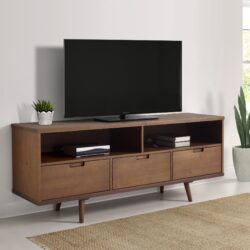 Mid Century Modern 3 Drawer 58" TV Stand For 65" TVs With 2 Open Cubbies - Walnut