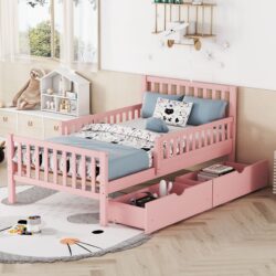 Twin Size Platform Bed With Guardrails On Both Sides And 2 Storage Drawers - Pink