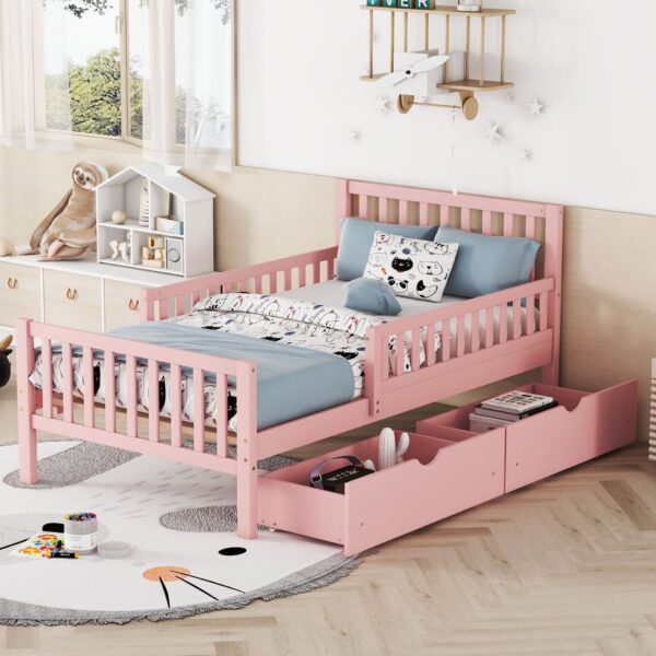Twin Size Platform Bed With Guardrails On Both Sides And 2 Storage Drawers - Pink