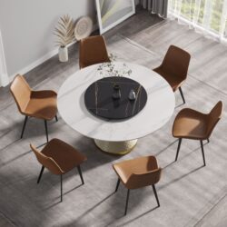 59.05" Modern Artificial Stone Round Carbon Steel Base Dining Table, Black Artificial Stone Turntable - White