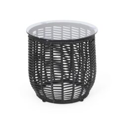 Arias - Boho Side Table With Tempered Glass Top And Rattan Wrap - Black