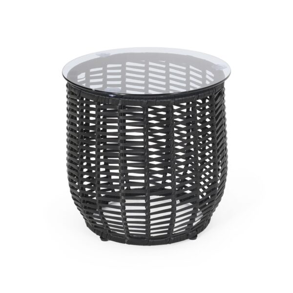 Arias - Boho Side Table With Tempered Glass Top And Rattan Wrap - Black