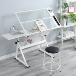 Adjustable Tempered Glass Drafting Printing Table With Chair - White