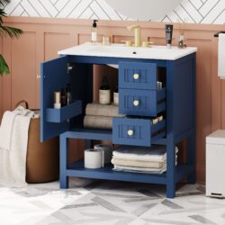 Transitional Style Bathroom Vanity Cabinet Combo With Ceramic Sink - Blue
