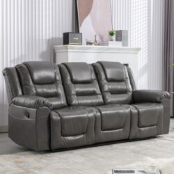 3 Seater Home Theater Recliner Manual Recliner Chair With Two Built-In Cup Holders For Living Room - Gray