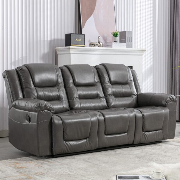 3 Seater Home Theater Recliner Manual Recliner Chair With Two Built-In Cup Holders For Living Room - Gray