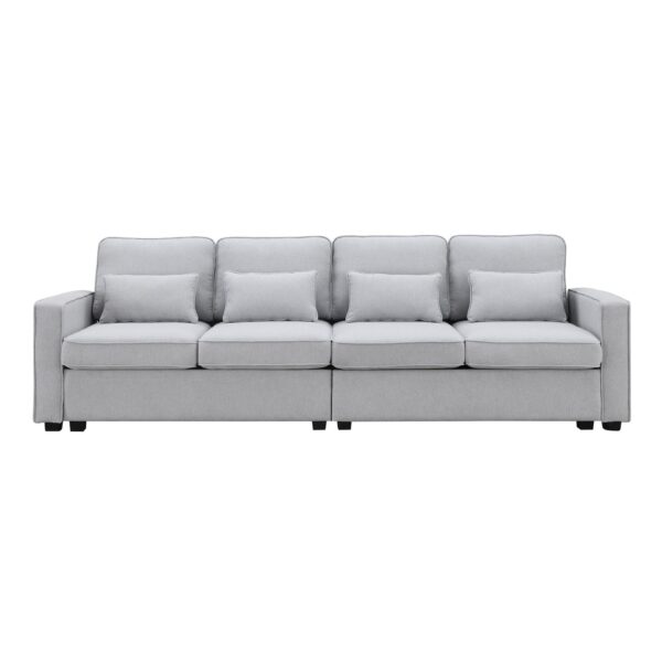 4 Seater Modern Linen Sofa With Armrest Pockets And 4 Pillows, Minimalist Style Couch - Light Gray