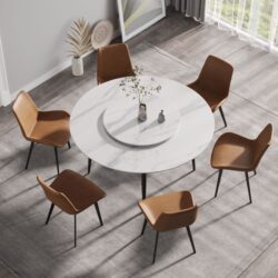 59.05" Modern Artificial Stone Round Metal Dining Table, Can Accommodate 6 People Artificial Stone Turntable - White / Black