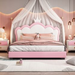 Full Size Upholstered Princess Bed & Crown Headboard, Full Size Platform Bed With Headboard And Footboard - White / Pink