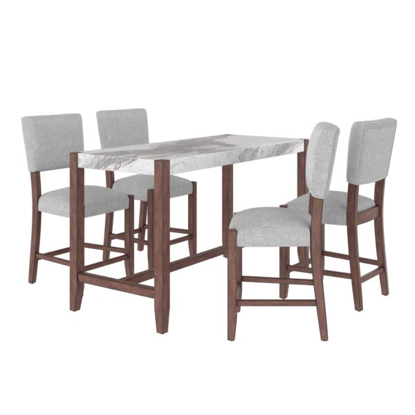 5 Piece Counter Height Dining Set, Faux Marble Bar Table With 4 Upholstered Chairs, Mid Century Style For Kitchen - White / Gray