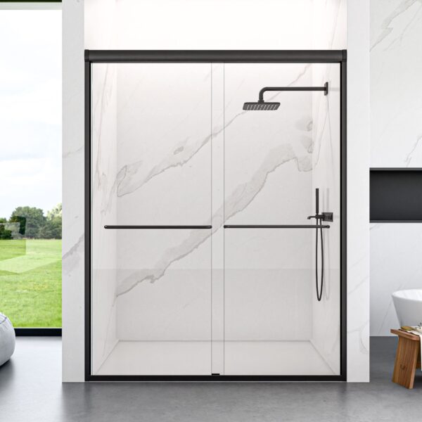 Modern Semi Frameless Double Sliding Shower Door With 1 / 4" Sgcc Tempered Glass - Matte Black