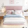 Queen Size Upholstered Bed With Sensor Light And Headboard, Floating Platform Bed - Pink - Image 11