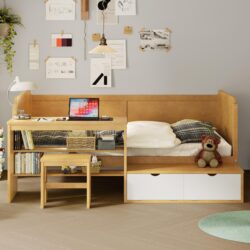 Twin Size Daybed With Storage Shelves And Lockers, Multi Functional Bed With Study Desk And Matching Stool - Natural
