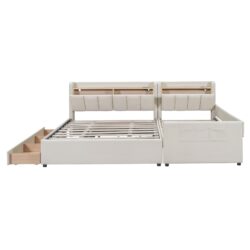 Queen & Twin Long Size Upholstered Platform Bed, Mother & Child Bed With Hydraulic Storage System, Drawer Box, Bedhead Storage Shelf And 2 Pairs Of Sockets & USB Ports - Beige