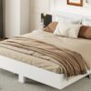 King Size Floating Platform Bed, With LED Lights, Bedside Nightstand - White - Image 11