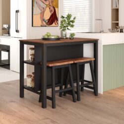 Solid Wood Rustic 3 Piece Stationary Kitchen Island Set With 2 Seatings, Rubber Wood Butcher Block Dining Table Set Prep Table Set With 2 Open Shelves For Small Places - Walnut / Black