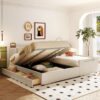 Queen & Twin Long Size Upholstered Platform Bed, Mother & Child Bed With Hydraulic Storage System, Drawer Box, Bedhead Storage Shelf And 2 Pairs Of Sockets & USB Ports - Beige - Image 15
