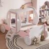 Twin Size Princess Carriage Bed With Crown, Platform Car Bed With Stair - White / Pink - Image 2