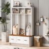 Modern Hall Tree With Entryway Bench, 3 Shelves And Drawers, Wide Hall Tree With Storage Bench For Hallway - White - Image 4