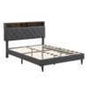 Modern Queen Size Upholstered Platform Bed Frame With Button Tufted Linen Headboard And USB Ports - Dark Gray - Image 5