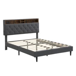 Modern Upholstered King Size Platform Bed Frame With Button Tufted Linen Headboard And USB Ports - Dark Gray