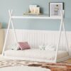 Wood Twin Size Tent Bed For Kids, Montessori Style Low - Floor Bed, House-Shape Tent Bed Frame For Boys Girls Teens, Without Slats - White - Image 4