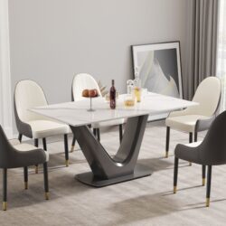 63" Modern Artificial Stone Panel V-Shaped Metal Legs, Can Accommodate 6-8 People - White / Gray
