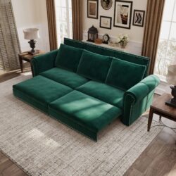 King Pull Out Sofa Bed, 3 In 1 Velvet Convertible Sleeper Sofa With Nailhead Trim & Rolled Arm, Multi Functional Sofa Bed For Living Room, Bedroom, Apartment, Office - Green
