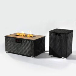 32" Propane Gas Fire Pit Table With Propane Tank Cover, 50000 Btu Rectangular Steel Fire Pit With Beautiful Wicker Base For Outside Garden - Dark Gray