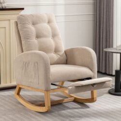 Accent Rocking Chair With Footrest High Back Rubber Wood Rocking Legs Bedroom Living Space - Beige