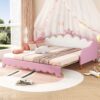 Twin Extending Daybed With LED Lights, Modern Upholstered Princess Daybed With Crown Headboard - Pink - Image 4