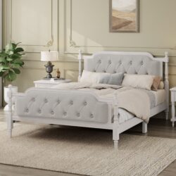 Full Size Traditional Style Solid Bed Frame With Upholstered Tufted Headboard, No Box Spring Needed - Antique White