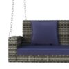 2 Person Wicker Hanging Porch Swing With Chains, Cushion, Pillow, Rattan Swing Bench For Garden, Backyard - Gray / Blue - Image 10