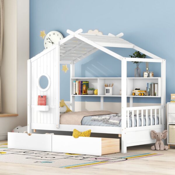 Twin Size House Bed With 2 Drawers, Kids Bed With Storage Shelf - White
